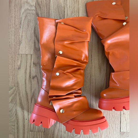 Sexy Tag Womens Orange Platform Slouchy Fold Over Boots Block Heel 6 - Picture 8 of 11